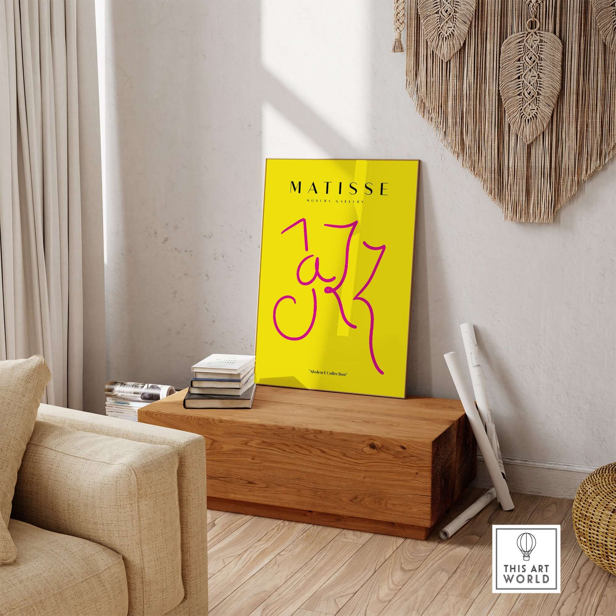 Matisse Art Prints - Jazz Pink Lettering Yellow Poster Art displayed in a cozy living space with a wooden bench.