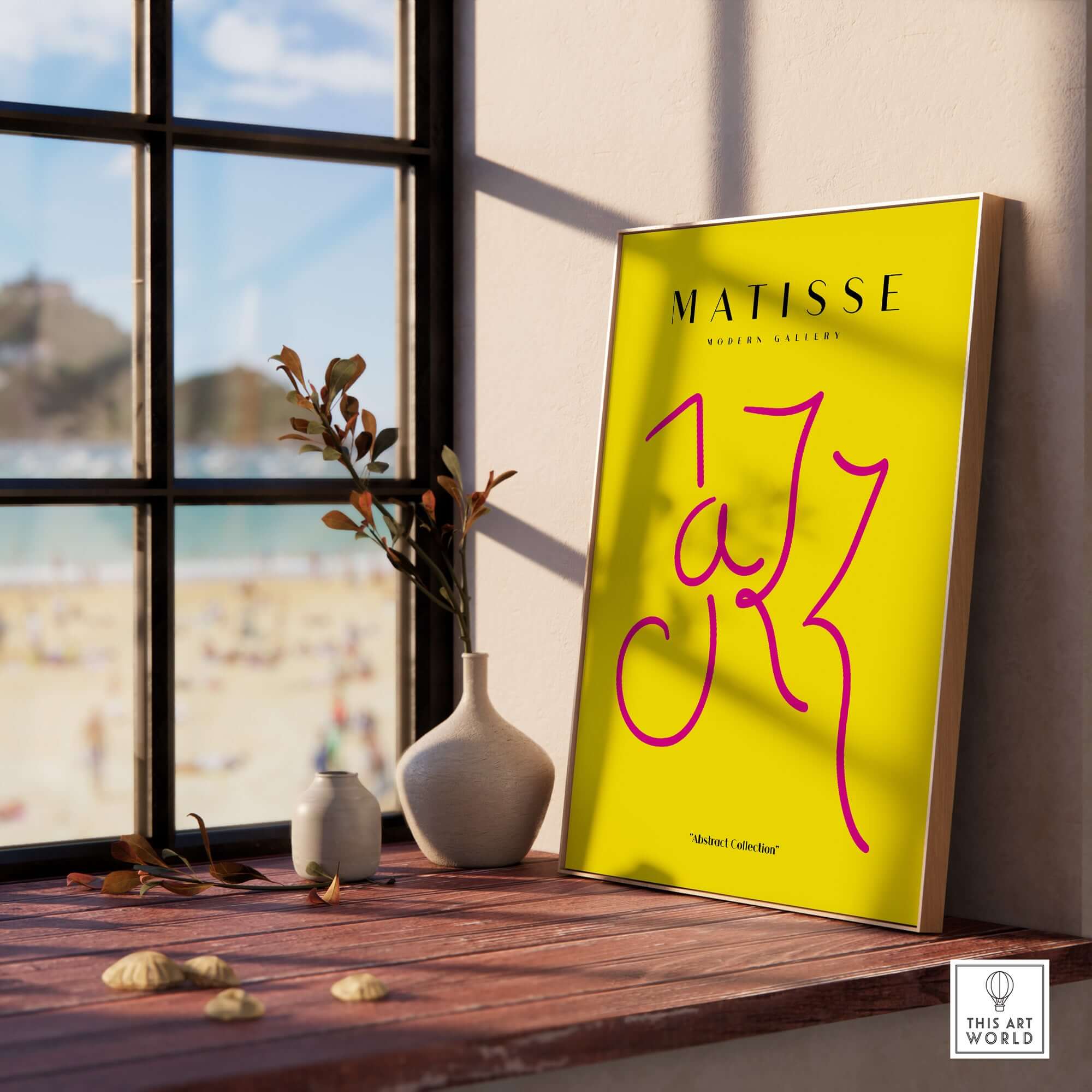 Matisse Art Prints - Jazz Pink Lettering Yellow Poster Art displayed in a sunlit room near a window.