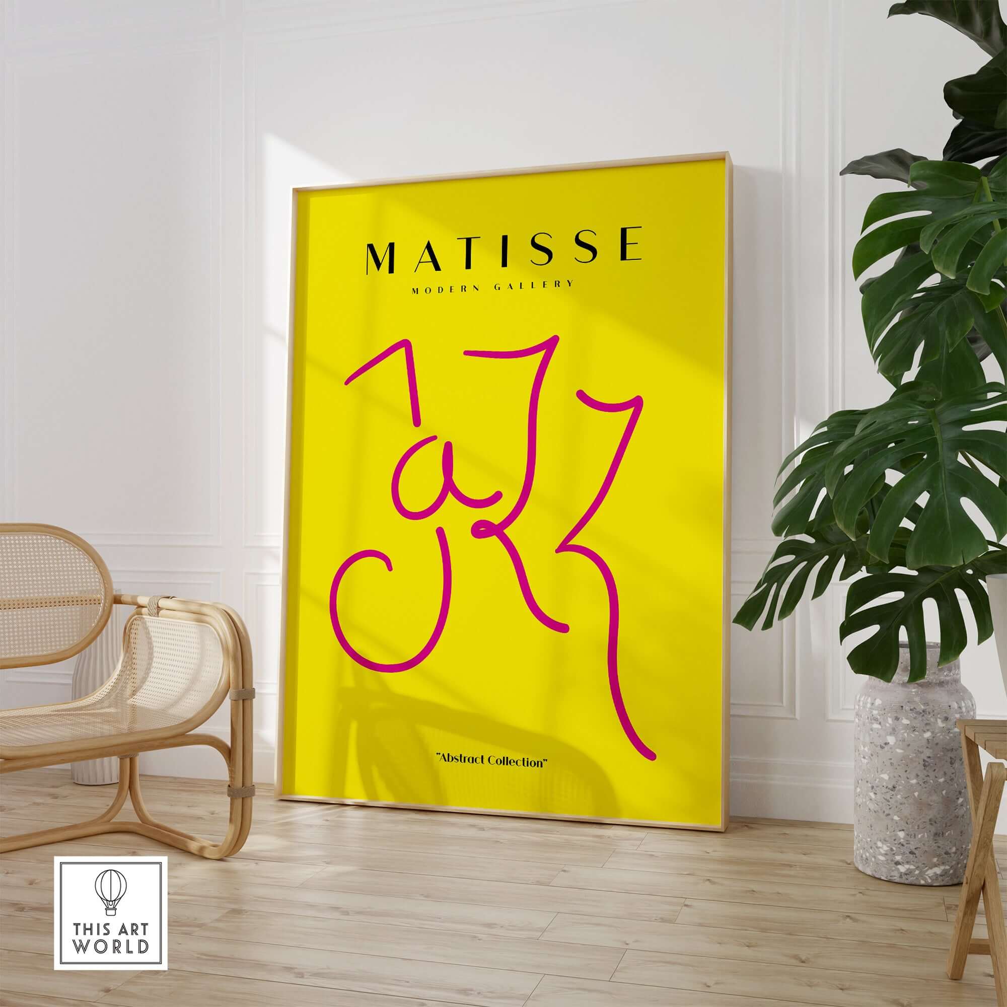 Matisse Art Prints - Jazz Pink Lettering Yellow Poster Art featuring bold pink lettering on a yellow background.