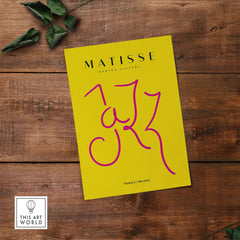 Matisse Art Prints - Jazz Pink Lettering Yellow Poster Art showcasing fluid, abstract lettering on a vibrant yellow background.