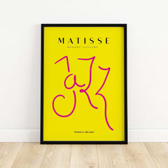 Matisse Art Prints - Jazz Pink Lettering Yellow Poster Art featuring abstract lettering in pink on a yellow background.