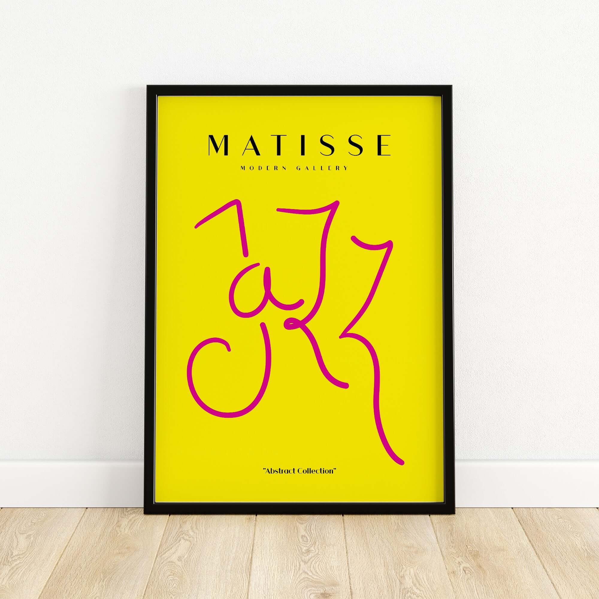 Matisse Art Prints - Jazz Pink Lettering Yellow Poster Art featuring abstract lettering in pink on a yellow background.