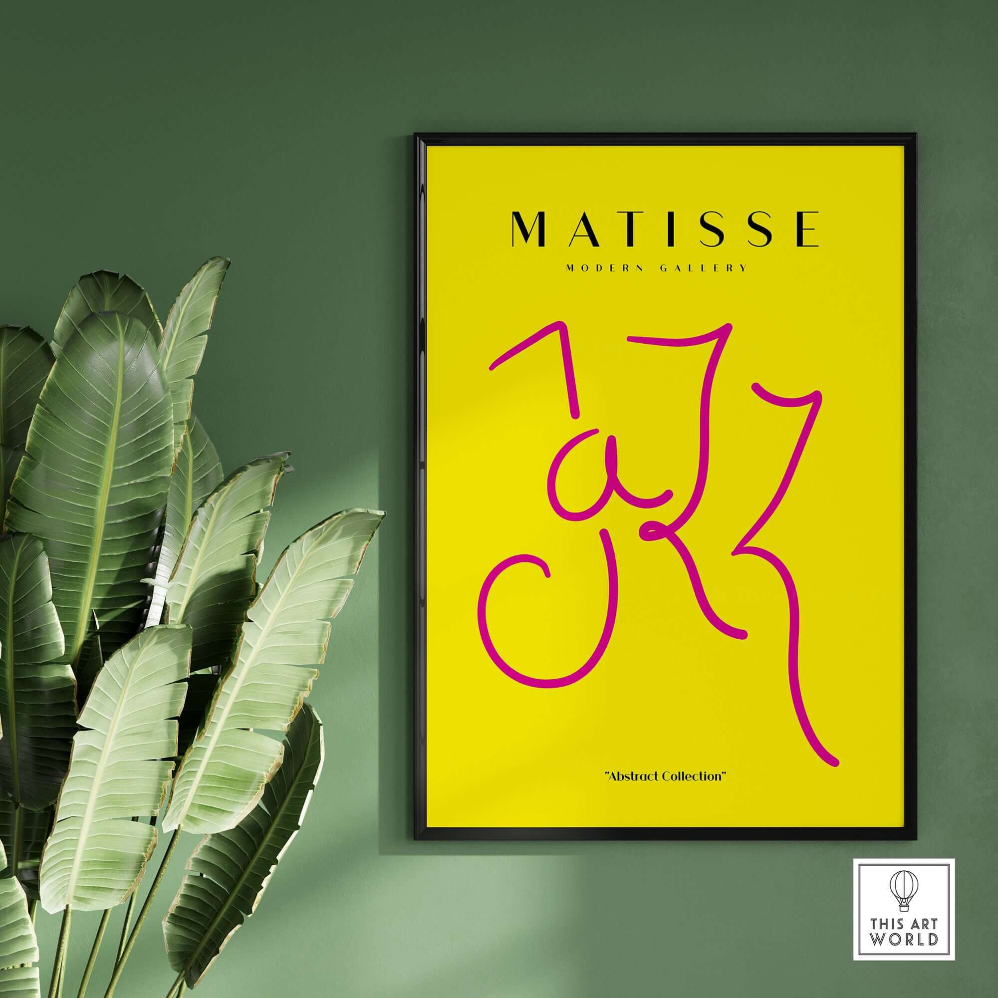 Matisse Art Prints - Jazz Pink Lettering Yellow Poster Art framed against a green wall with tropical leaves.