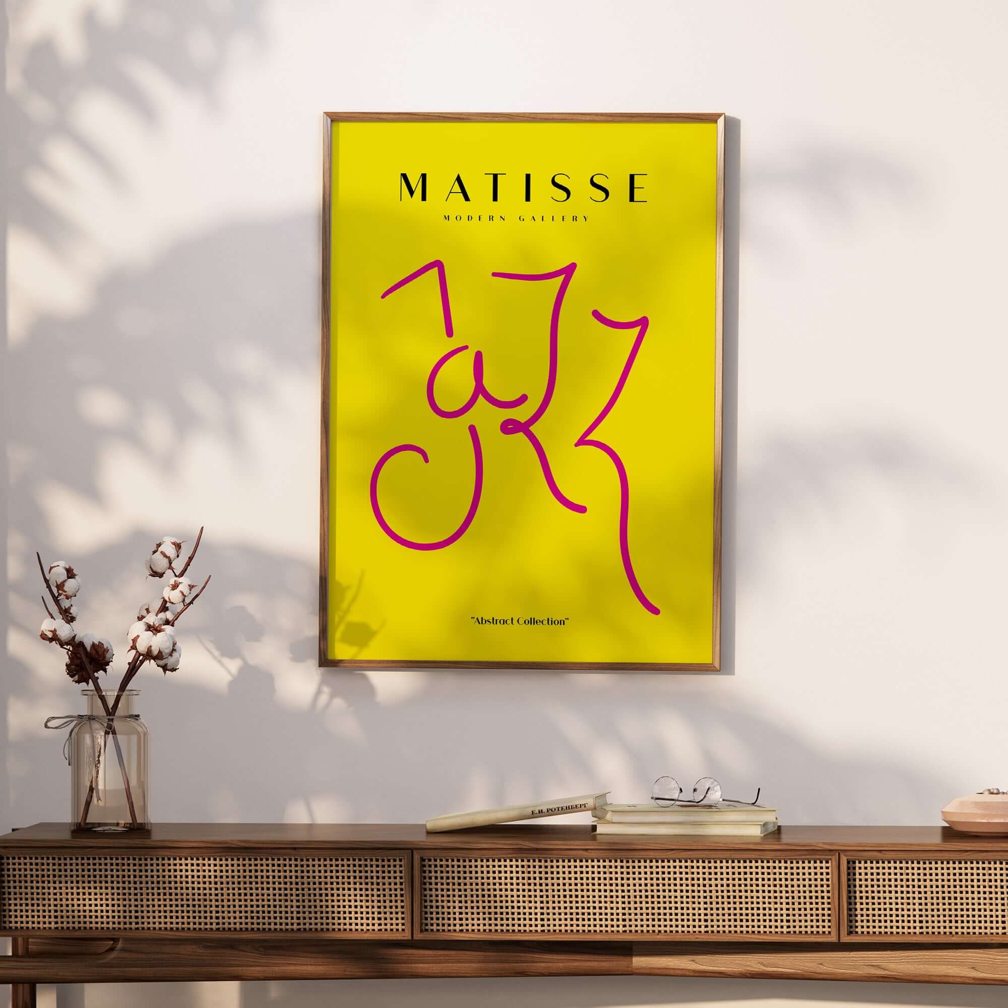 Matisse Art Prints - Jazz Pink Lettering Yellow Poster Art featuring abstract pink lettering on a yellow background.