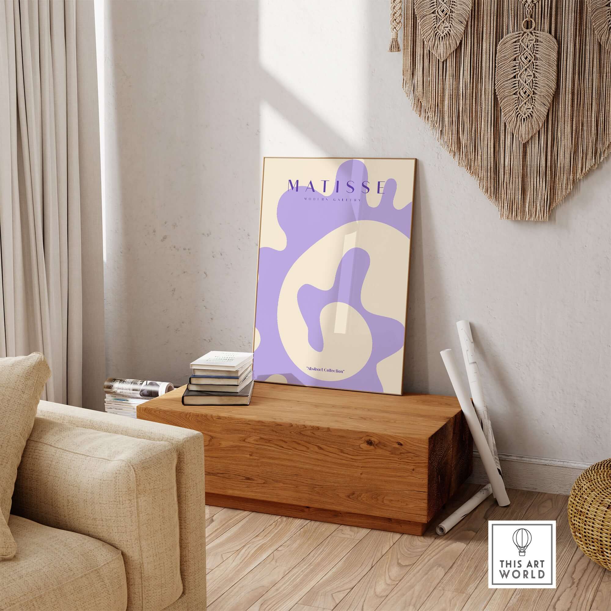 Matisse Art Prints -   Lavender Abstract Fluid Organic Shape Poster displayed in a contemporary living space on a wooden table.
