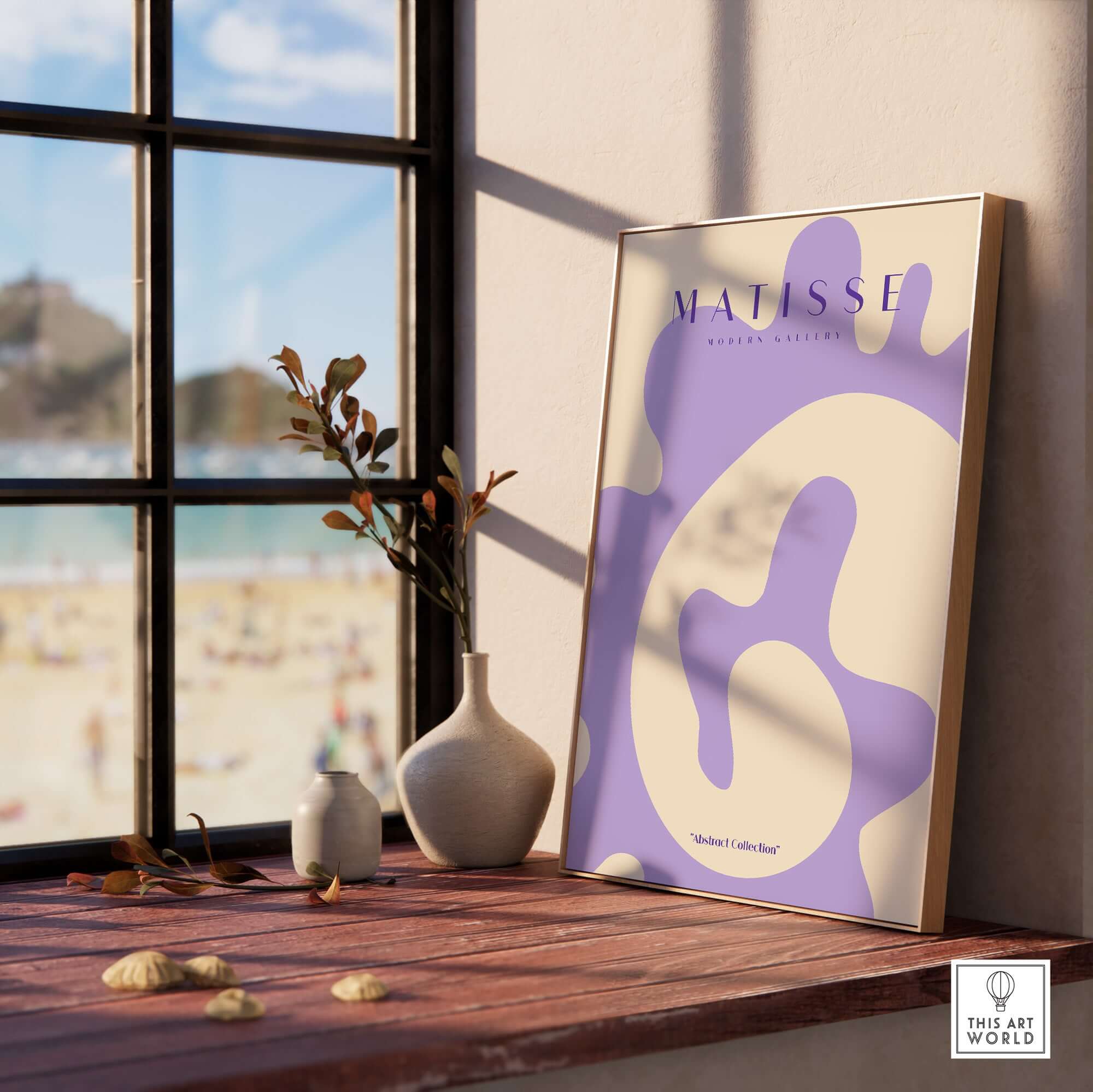 Matisse Art Prints -   Lavender Abstract Fluid Organic Shape Poster displayed by a window, featuring fluid shapes in lavender and beige.