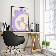Matisse Art Prints - Lavender Abstract Fluid Organic Shape Poster framed on a wall above a modern desk with a chair.