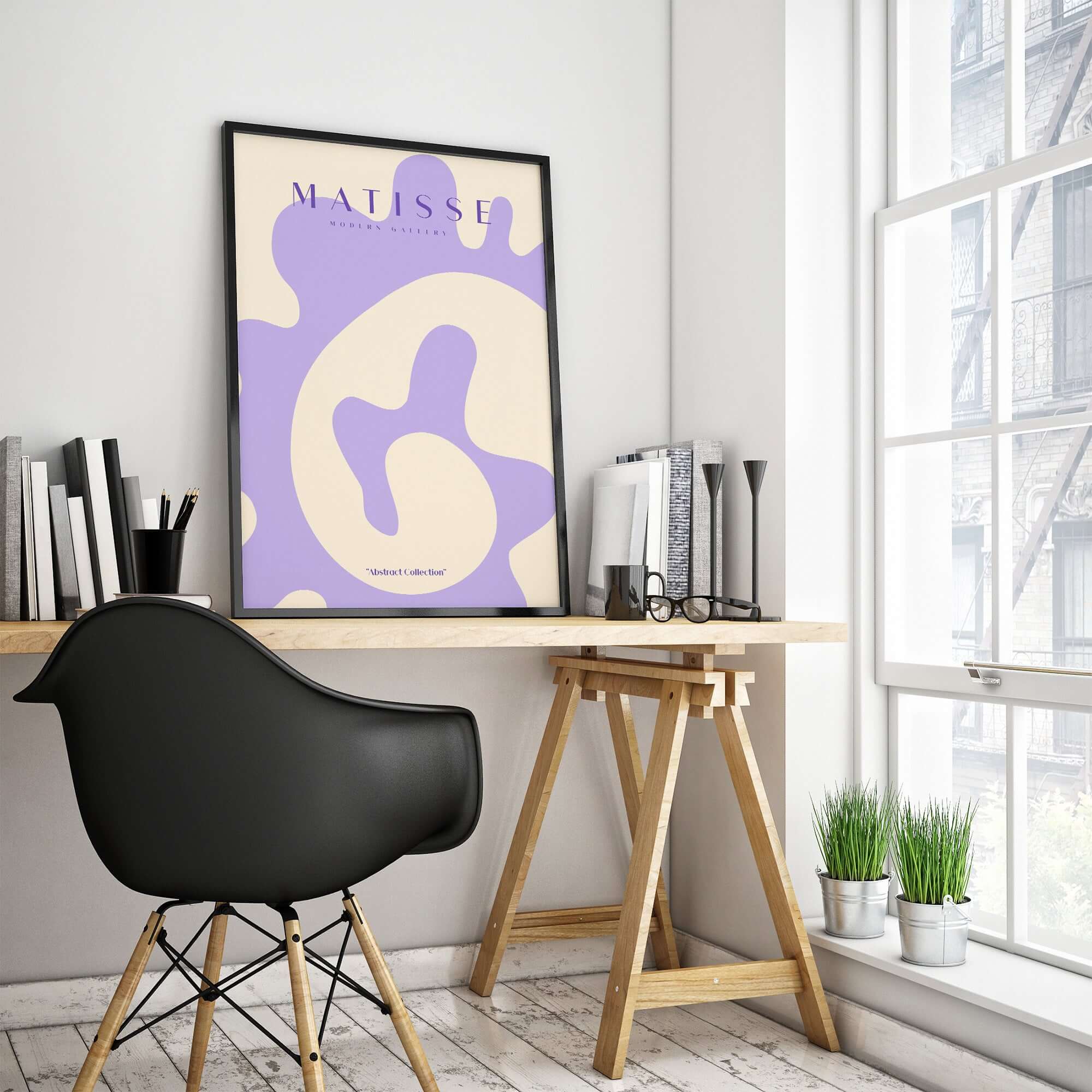 Matisse Art Prints - Lavender Abstract Fluid Organic Shape Poster framed on a wall above a modern desk with a chair.
