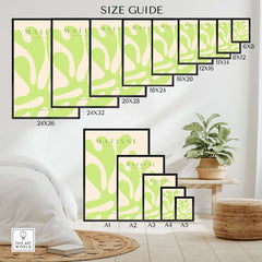 Matisse Art Prints - Lime Green Abstract Coral Shape Poster size guide showing various dimensions in a visually appealing layout.