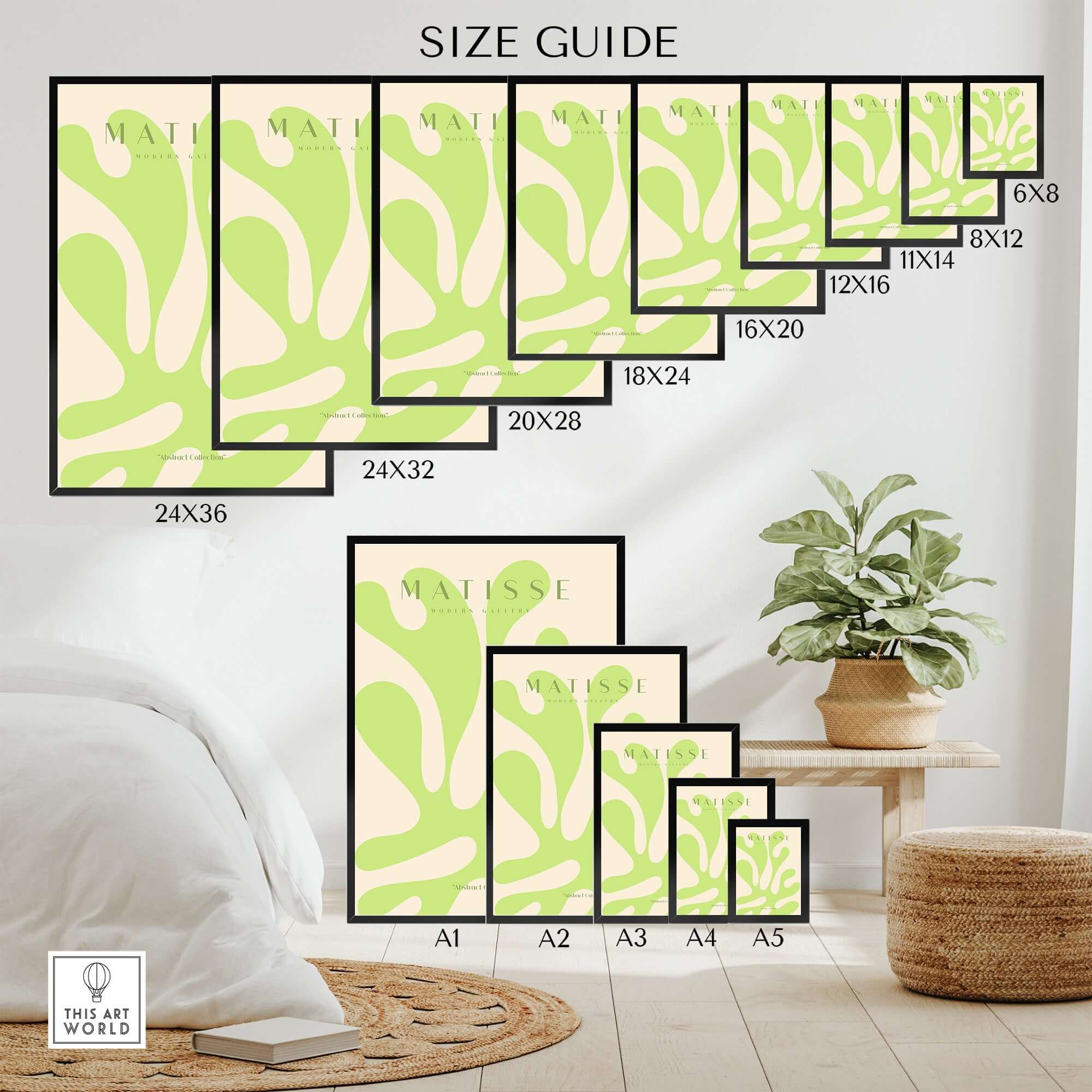 Matisse Art Prints - Lime Green Abstract Coral Shape Poster size guide showing various dimensions in a visually appealing layout.