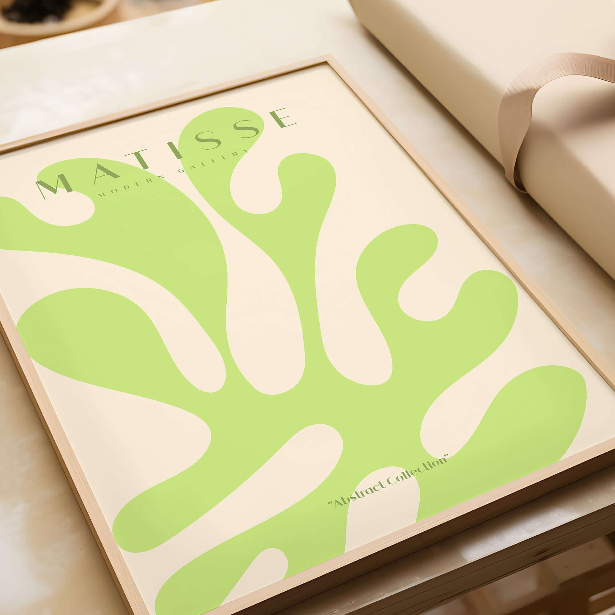 Matisse Art Prints - Lime Green Abstract Coral Shape Poster displayed in a stylish frame on a neutral background.