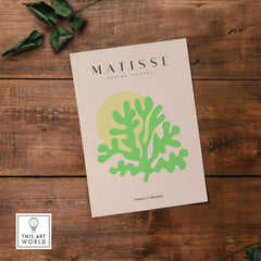 Matisse Art Prints - Lime Green Coral Abstract Sun Print featuring vibrant coral shapes on a beige background.