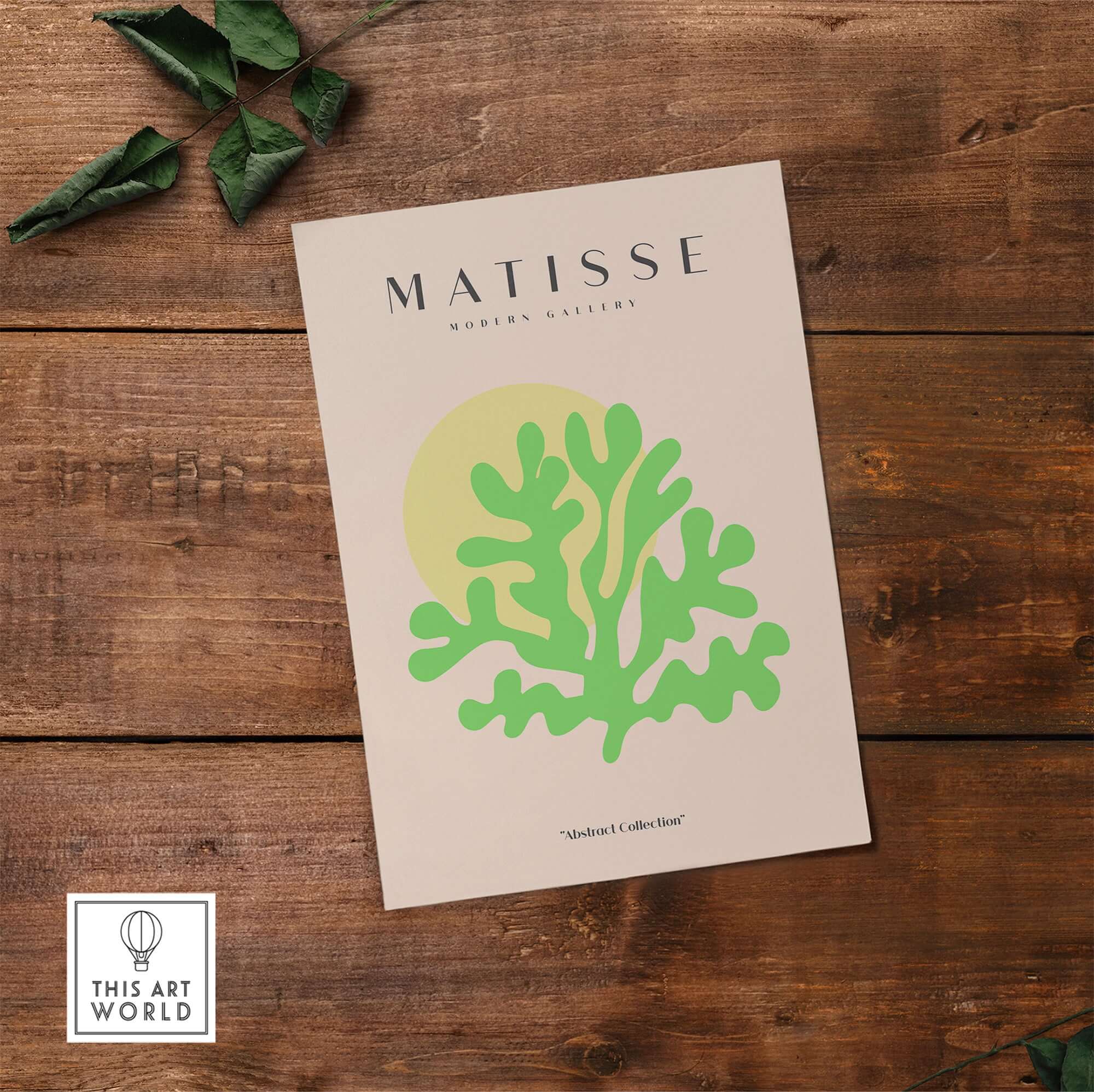 Matisse Art Prints - Lime Green Coral Abstract Sun Print featuring vibrant coral shapes on a beige background.