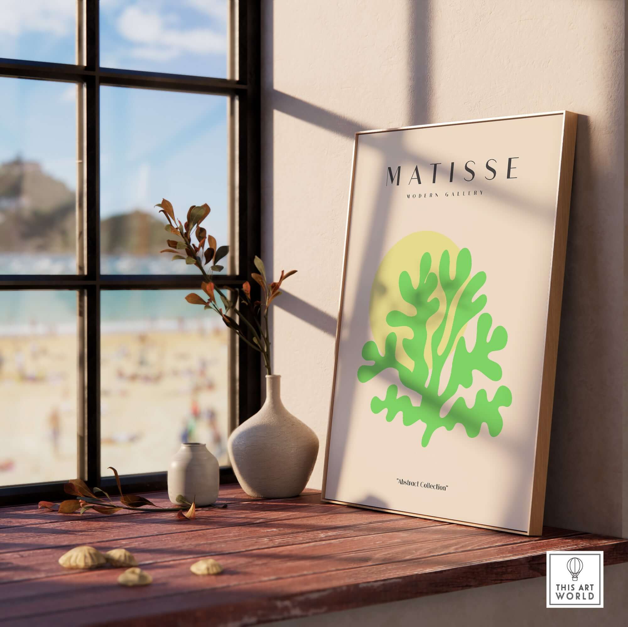 Matisse Art Prints - Lime Green Coral Abstract Sun Print displayed on window sill with beach view.