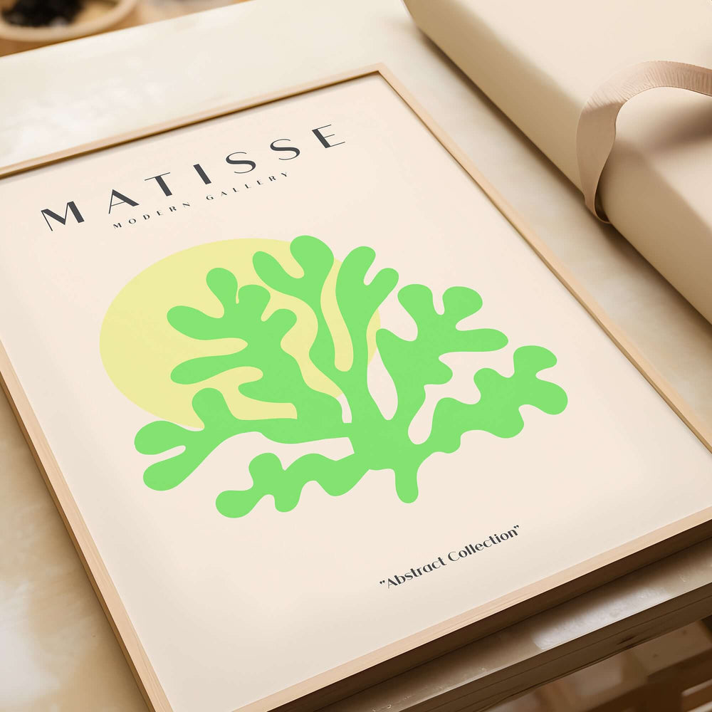Matisse Art Prints - Lime Green Coral Abstract Sun Print featuring vibrant green coral against a calming beige background.