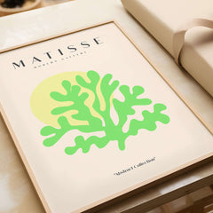 Matisse Art Prints - Lime Green Coral Abstract Sun Print featuring vibrant green coral against a calming beige background.