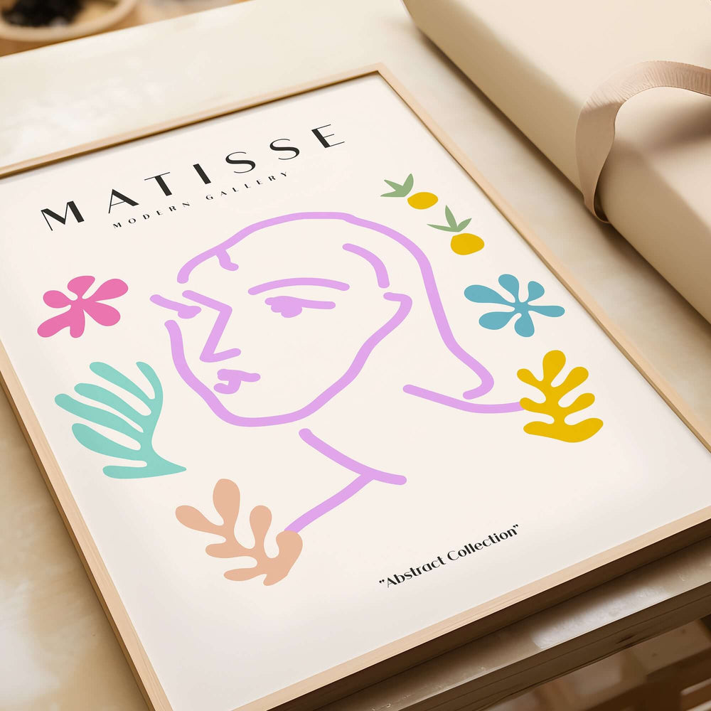 Matisse Art Prints -Line Art Face Abstract Botanical Collage Poster featuring minimalist line art and colorful botanical shapes.