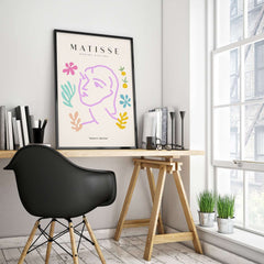 Matisse Art Prints -Line Art Face Abstract Botanical Collage Poster displayed in a stylish interior setting with a desk