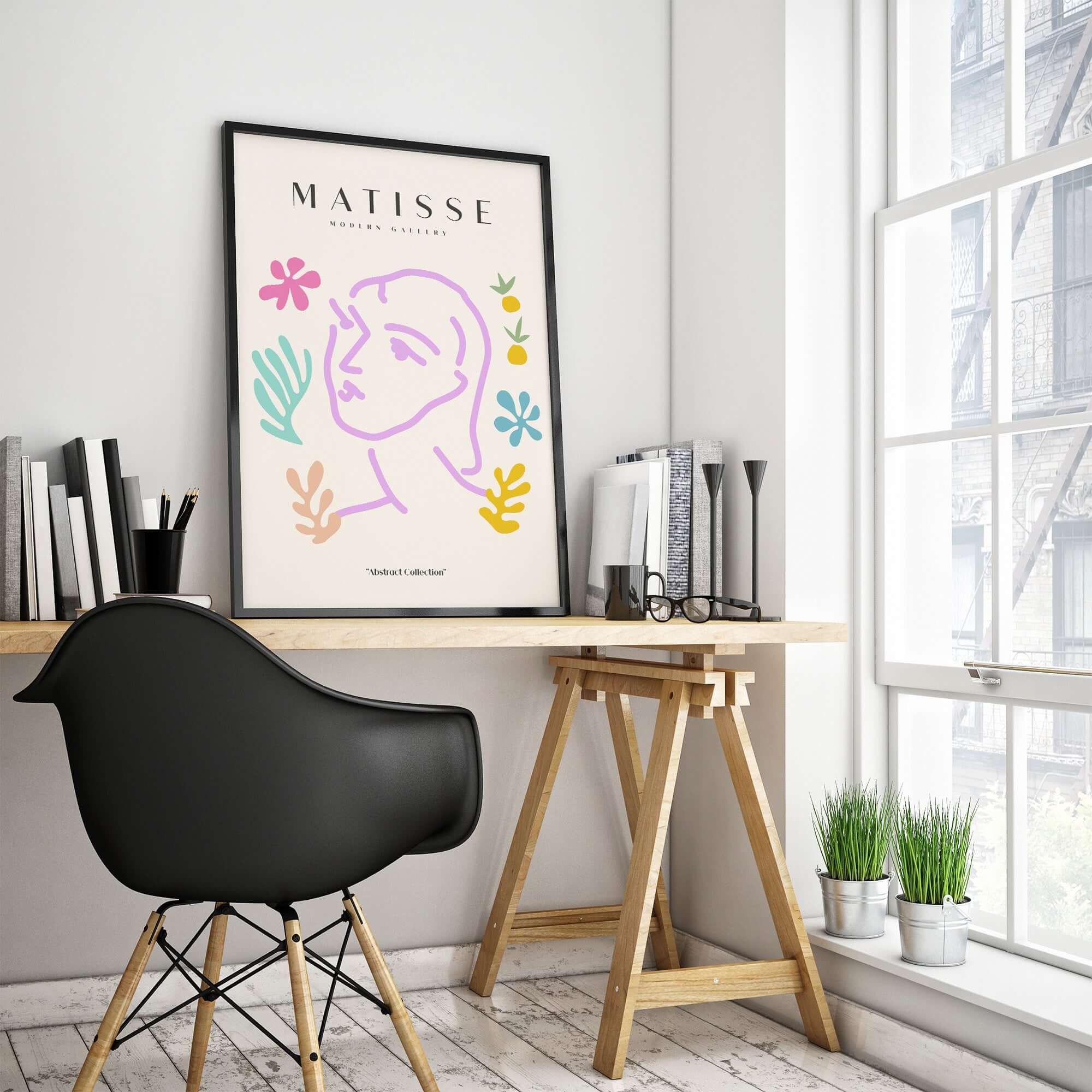 Matisse Art Prints -Line Art Face Abstract Botanical Collage Poster displayed in a stylish interior setting with a desk