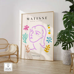 Matisse Art Prints -Line Art Face Abstract Botanical Collage Poster displayed in a modern interior setting.