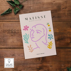 Matisse Art Prints -Line Art Face Abstract Botanical Collage Poster featuring minimalist designs and colorful shapes.