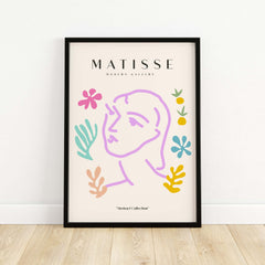 Matisse Art Prints -Line Art Face Abstract Botanical Collage Poster featuring minimalist line art and colorful shapes.
