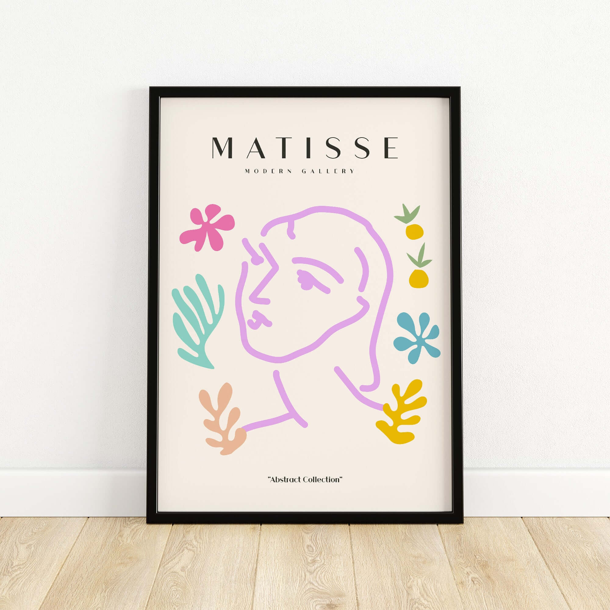 Matisse Art Prints -Line Art Face Abstract Botanical Collage Poster featuring minimalist line art and colorful shapes.