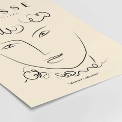 Matisse Art Prints -  Line Art Face Curly Hair Minimalist Poster featuring elegant line drawing on beige background.