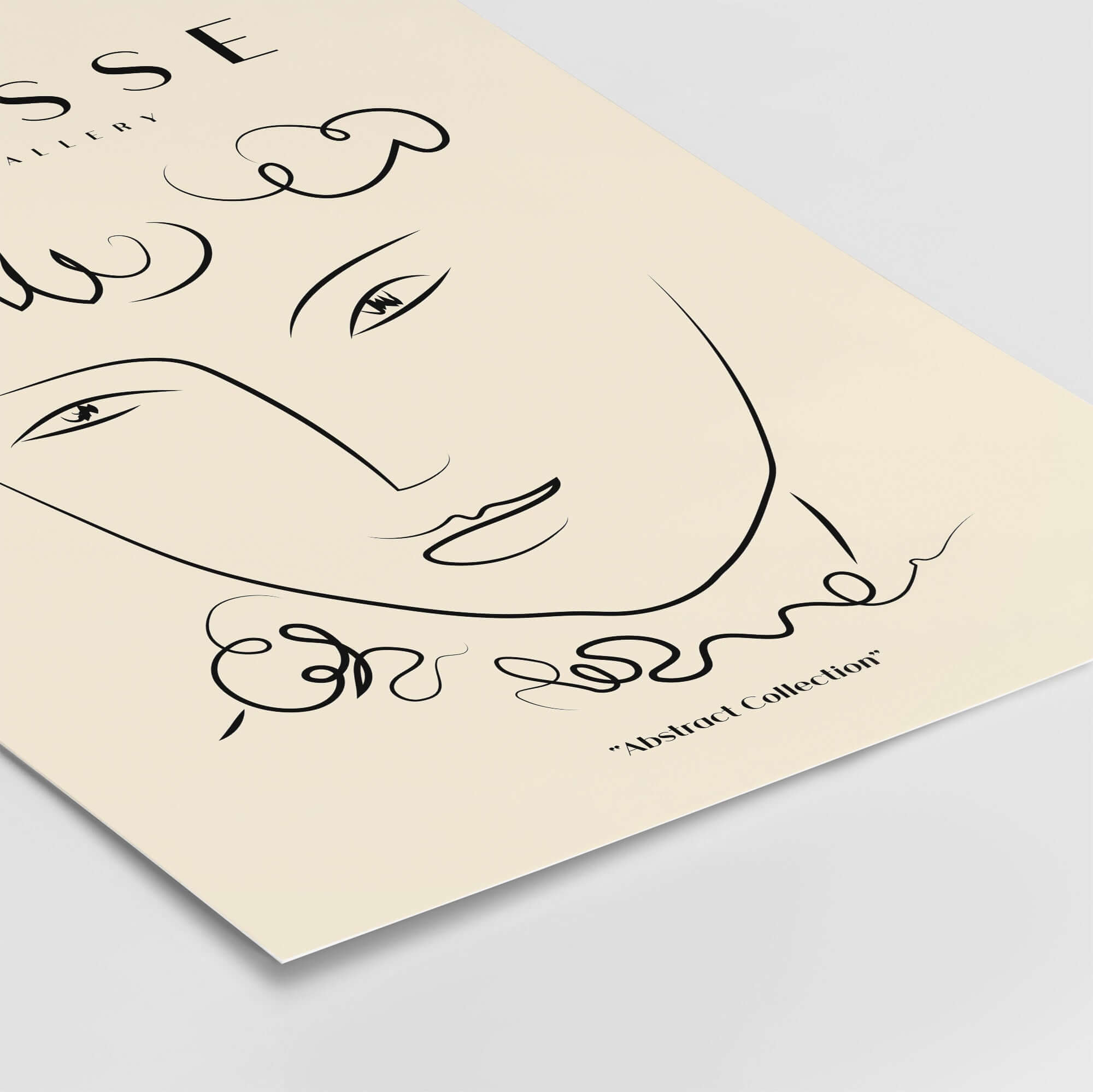 Matisse Art Prints -  Line Art Face Curly Hair Minimalist Poster featuring elegant line drawing on beige background.