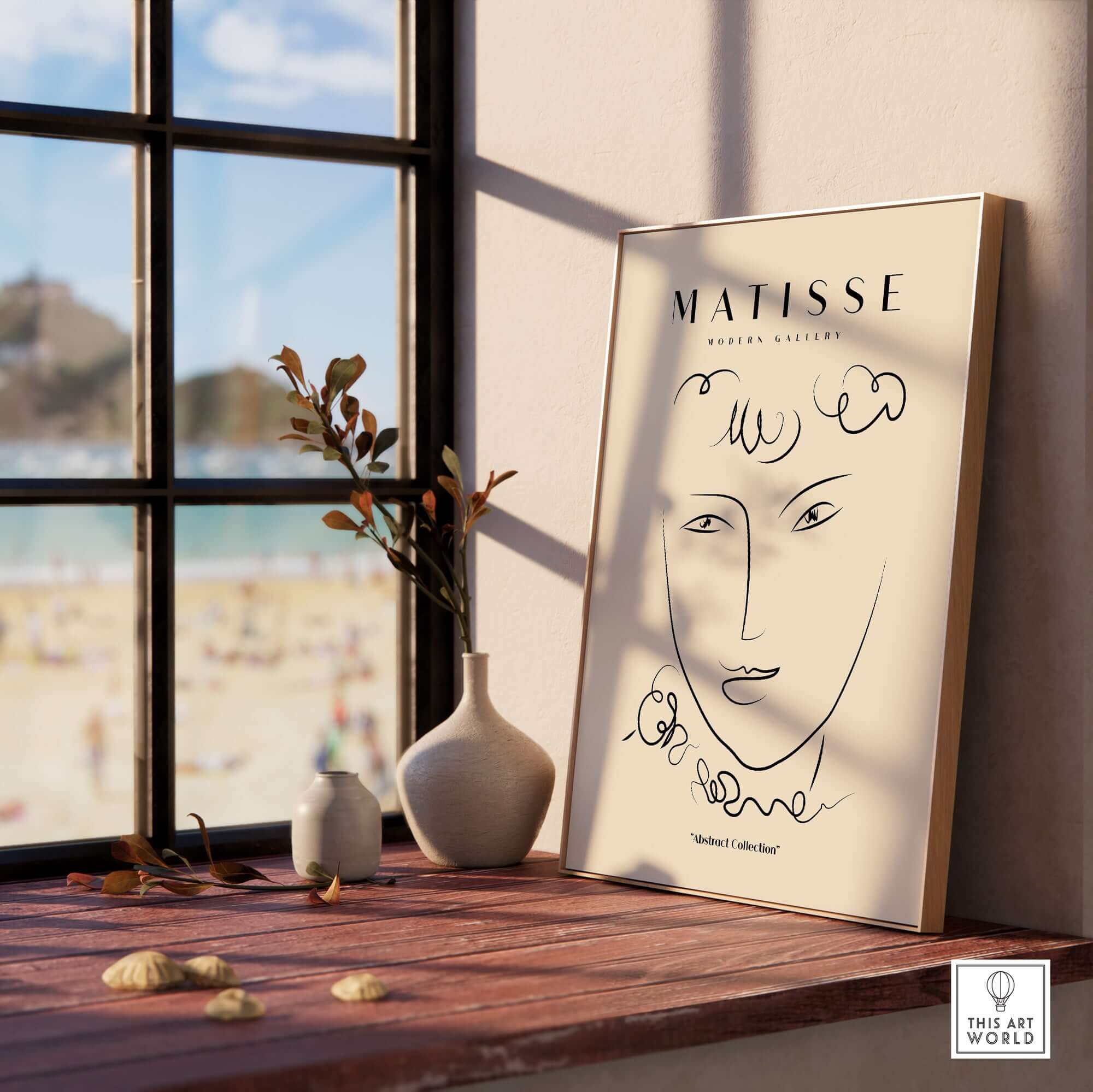 Matisse Art Prints -  Line Art Face Curly Hair Minimalist Poster displayed in a sunlit room with a beach view.