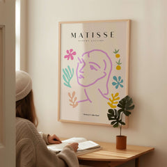Matisse Art Prints -Line Art Face Abstract Botanical Collage Poster featuring a minimalist profile drawing with colorful botanicals.