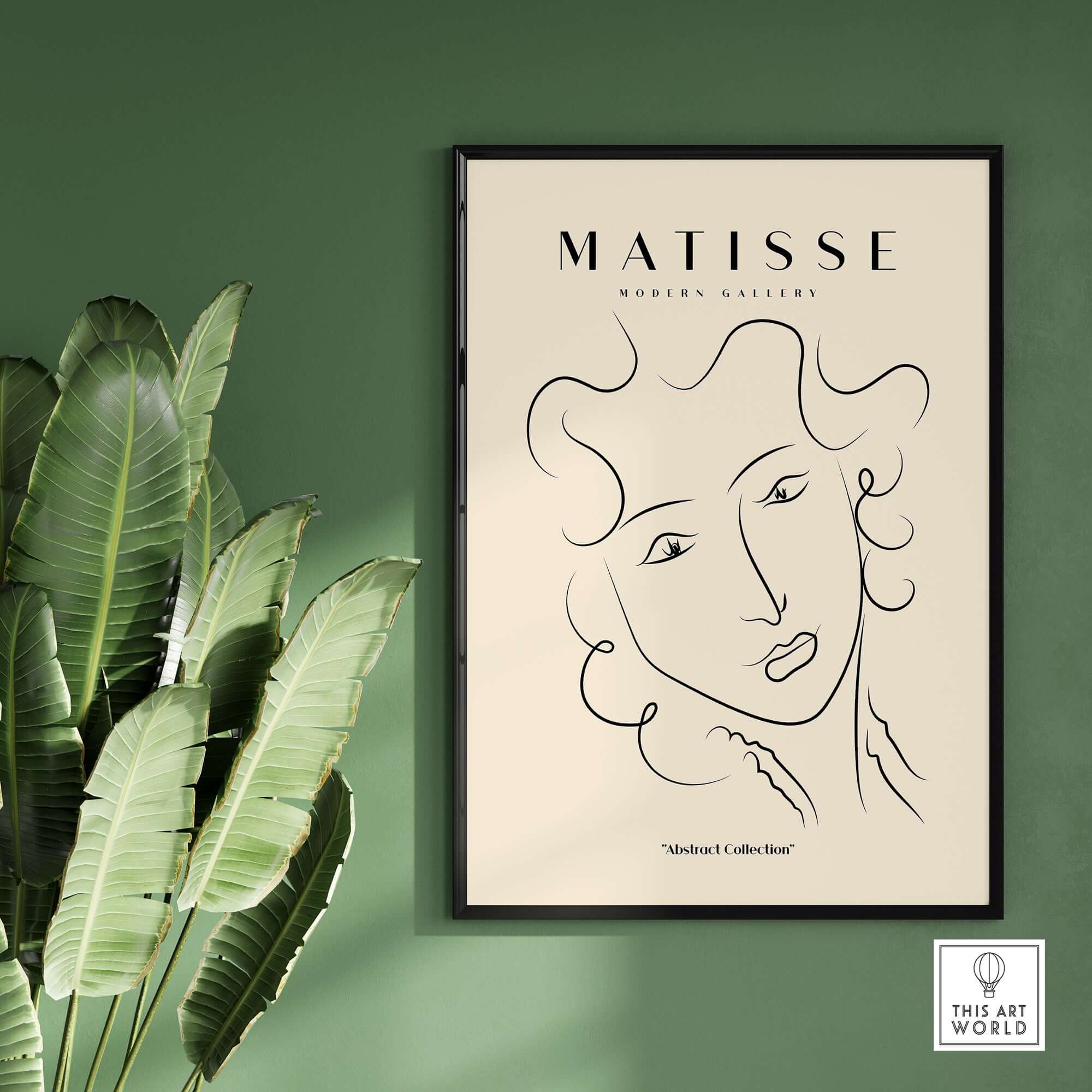 Matisse Art Prints -  Line Art Ladies Face with Wavy Hair Minimalist Poster displayed on a green wall.