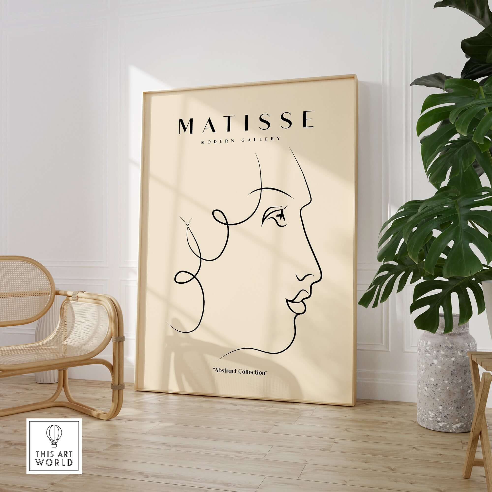 Matisse Art Prints -  Line Art of a Lady's Face Poster displayed in a modern gallery setting.