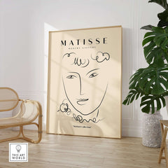 Matisse Art Prints -  Line Art Face Curly Hair Minimalist Poster displayed in a stylish interior setting.