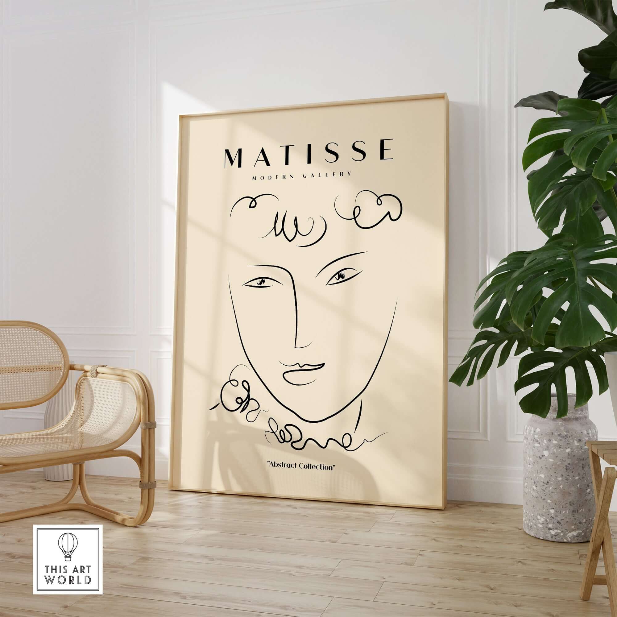 Matisse Art Prints -  Line Art Face Curly Hair Minimalist Poster displayed in a stylish interior setting.