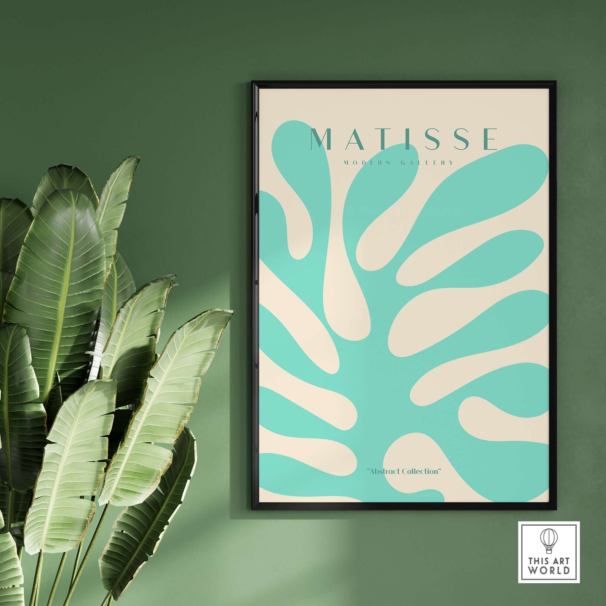 Matisse Art Prints - Mint Green Coral Abstract Seaweed Poster displayed in a modern frame with green background and leaves.