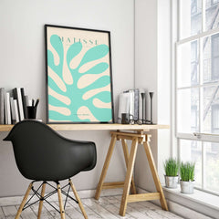 Matisse Art Prints - Mint Green Coral Abstract Seaweed Poster displayed in a modern office setting with natural light.