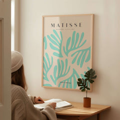 Matisse Art Prints - Mint Green Fan Pattern Poster Art displayed in a cozy room, featuring abstract leaf patterns.