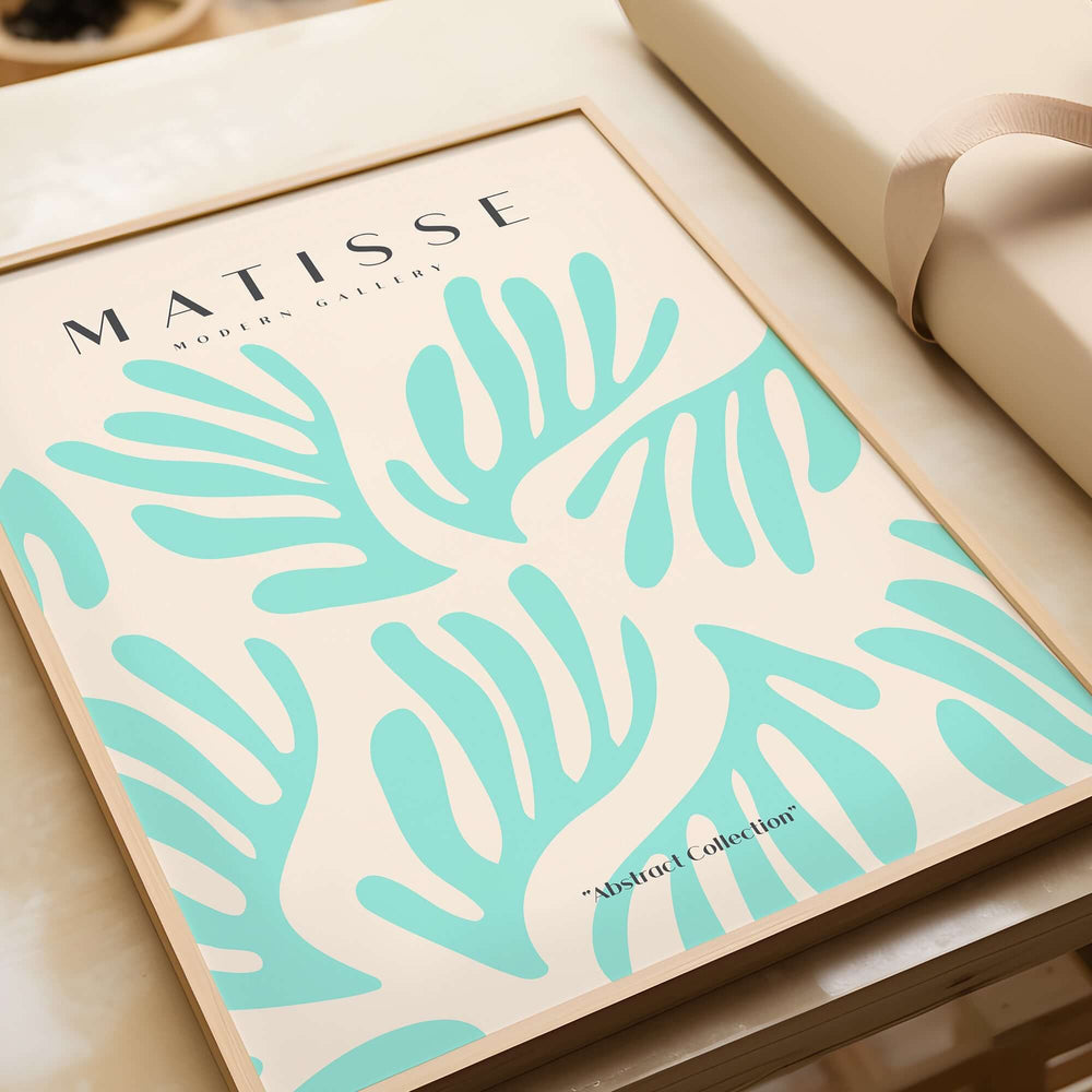 Matisse Art Prints - Mint Green Fan Pattern Poster Art featuring abstract leaf designs in mint green on a beige background.