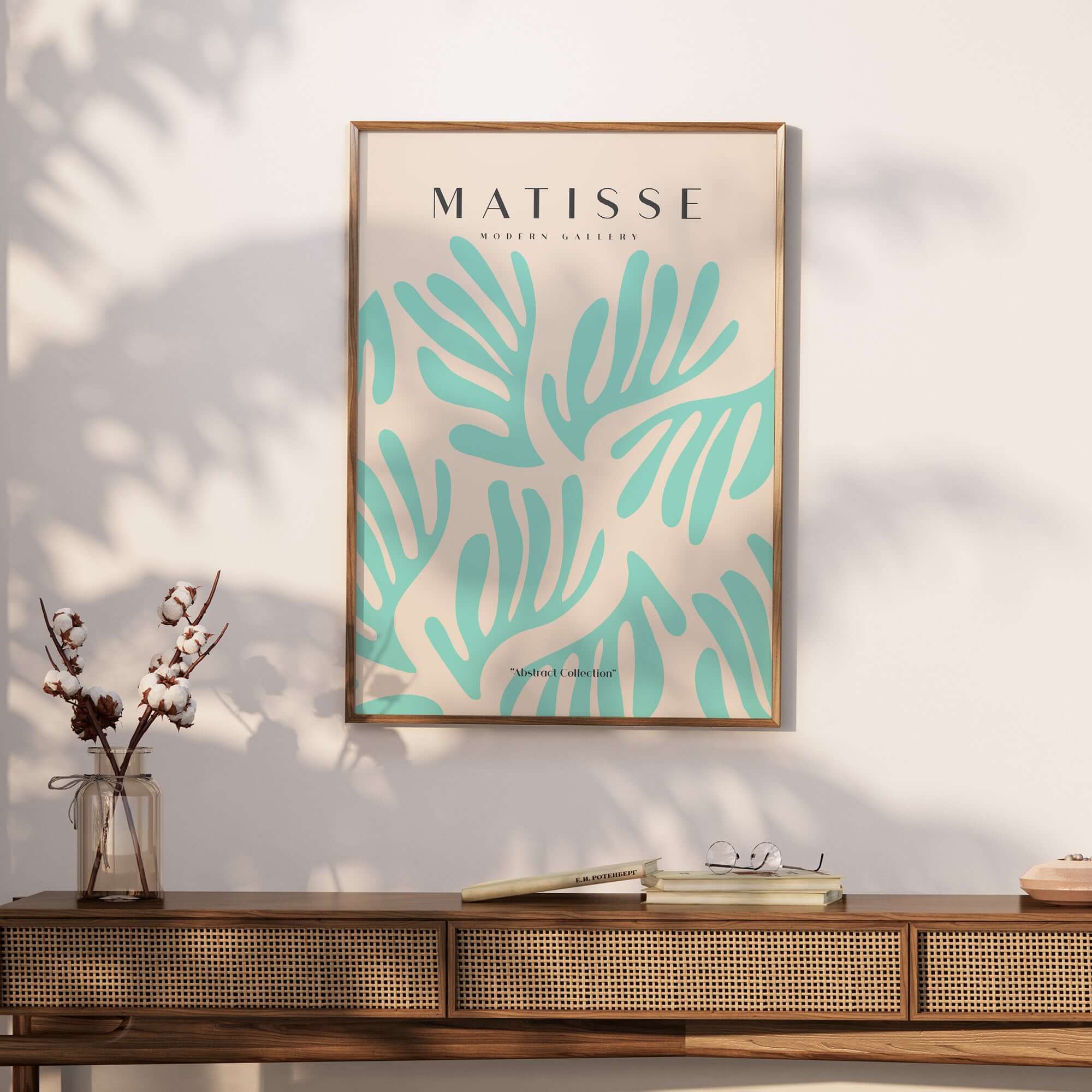 Matisse Art Prints - Mint Green Fan Pattern Poster Art displayed in a stylish interior with a wooden table and vase.