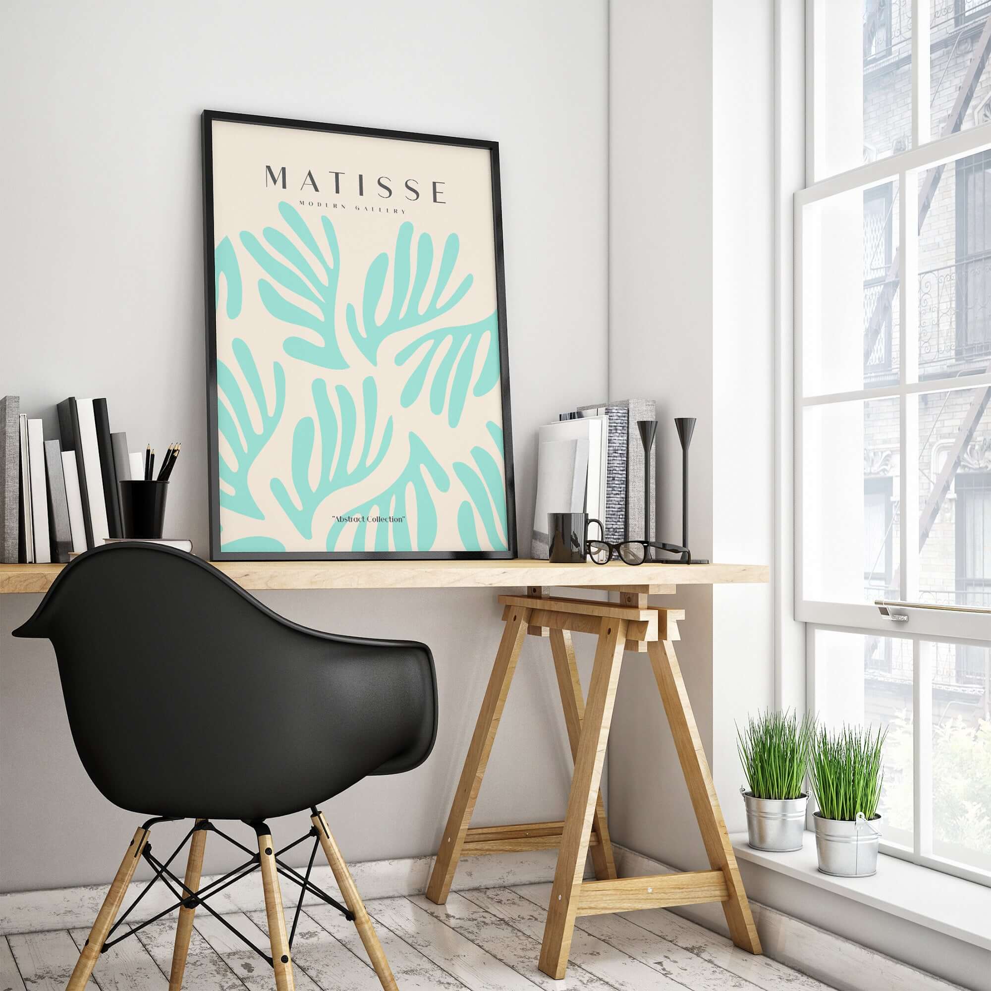 Matisse Art Prints - Mint Green Fan Pattern Poster Art displayed in a modern workspace with a black chair.