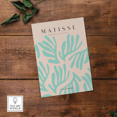 Matisse Art Prints - Mint Green Fan Pattern Poster Art featuring abstract leaf shapes in mint green on beige background.