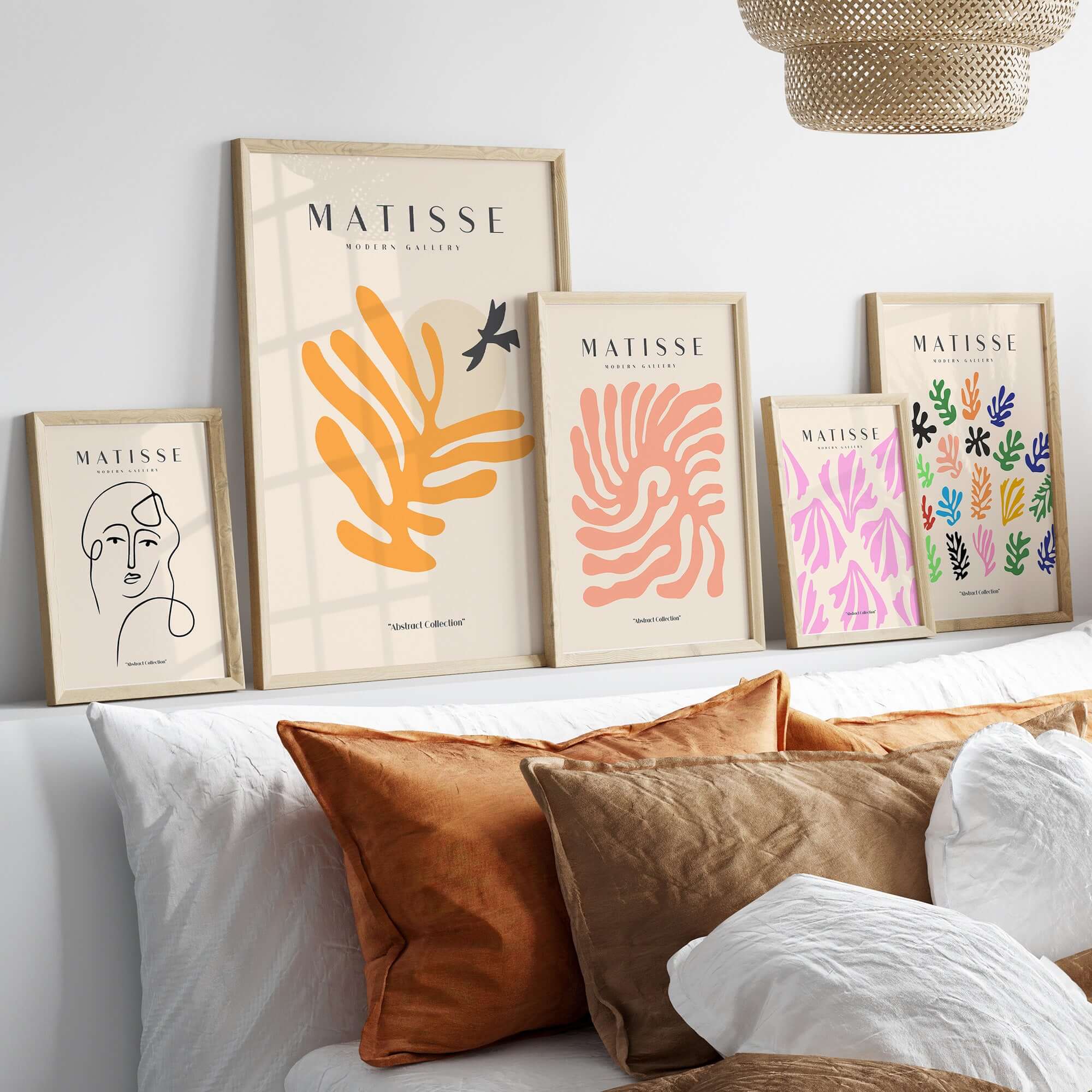 Matisse Art Prints - Orange Leaf Bird Silhouette Poster displayed on a stylish wall in modern decor featuring various art styles.