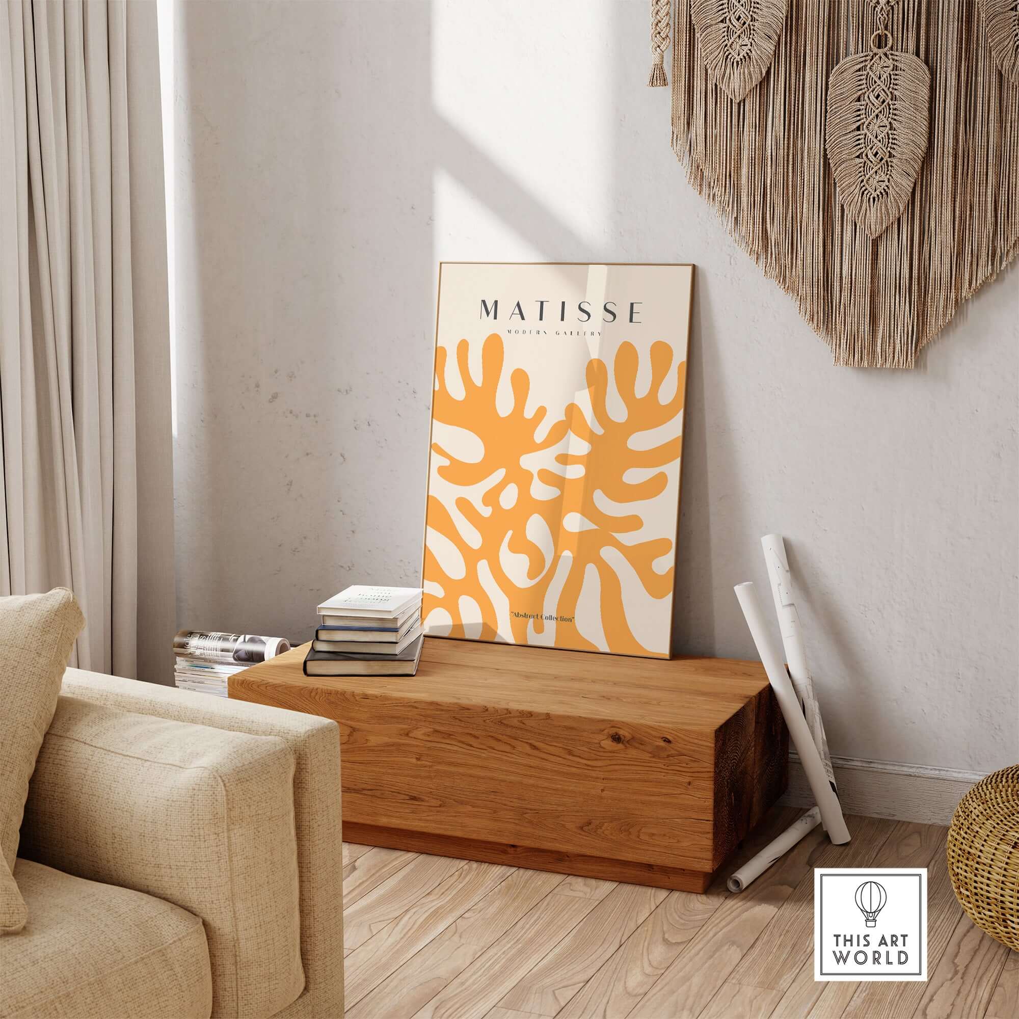 Matisse Art Prints - Orange Abstract Coral Pattern Poster displayed in a cozy interior setting with wooden furniture.