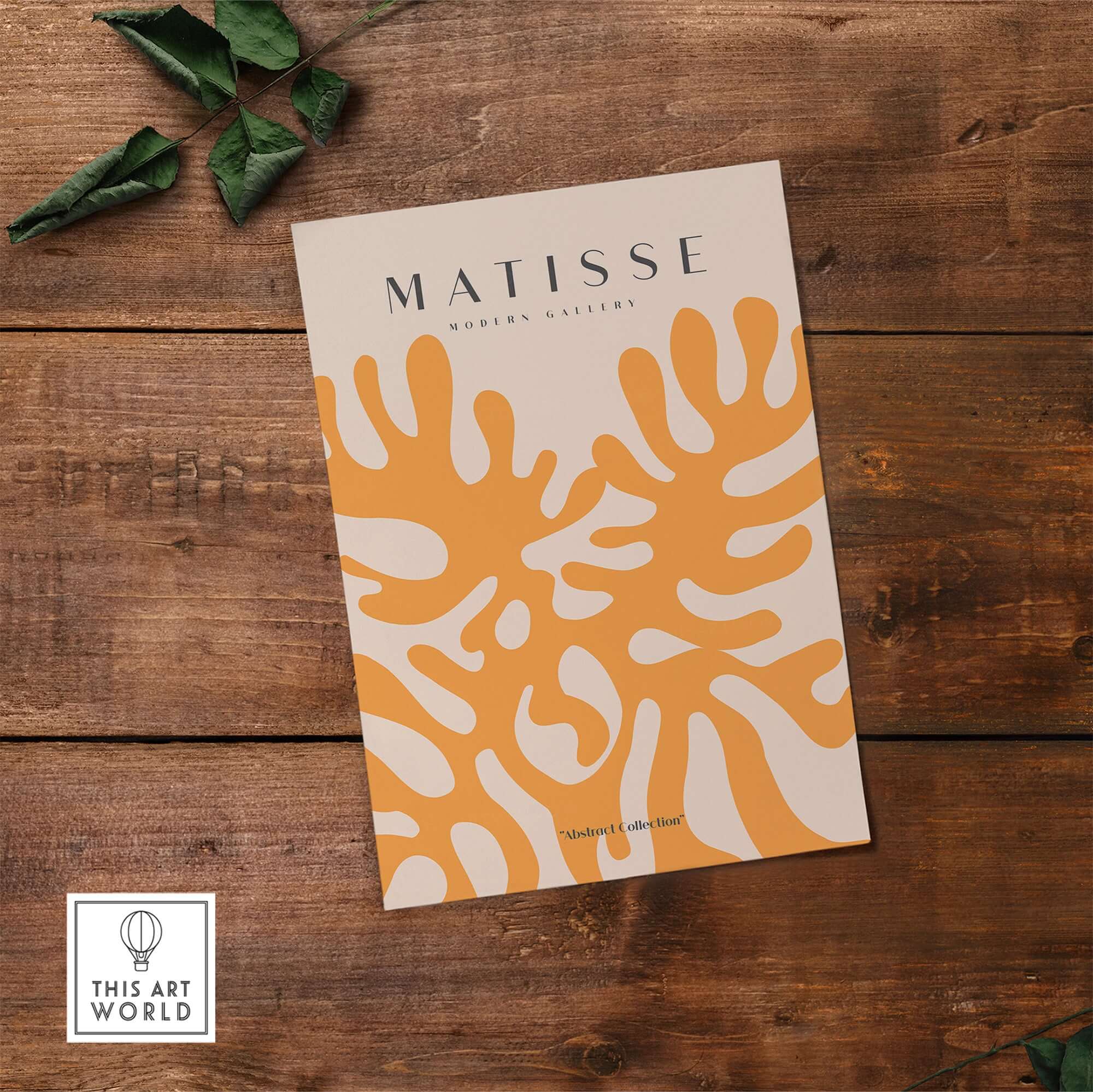 Matisse Art Prints - Orange Abstract Coral Pattern Poster displayed on wooden surface with organic shapes and earthy tones.