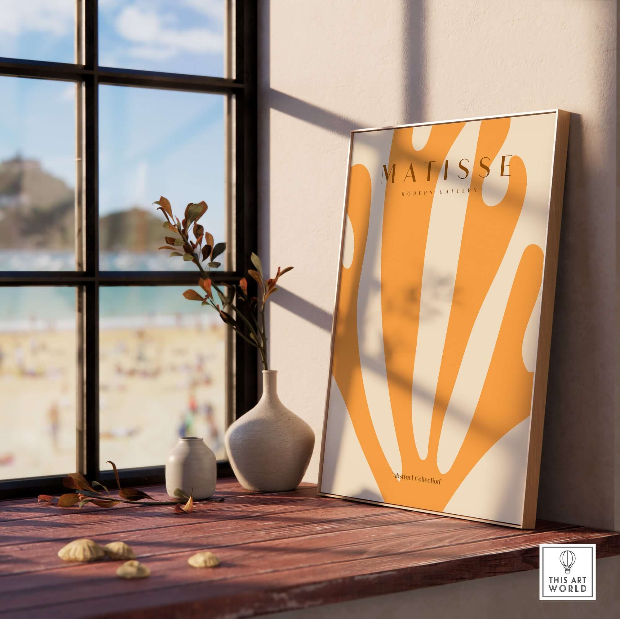 Matisse Art Prints - Orange Fan Coral Abstract Shape Poster displayed in a bright room with beach view.