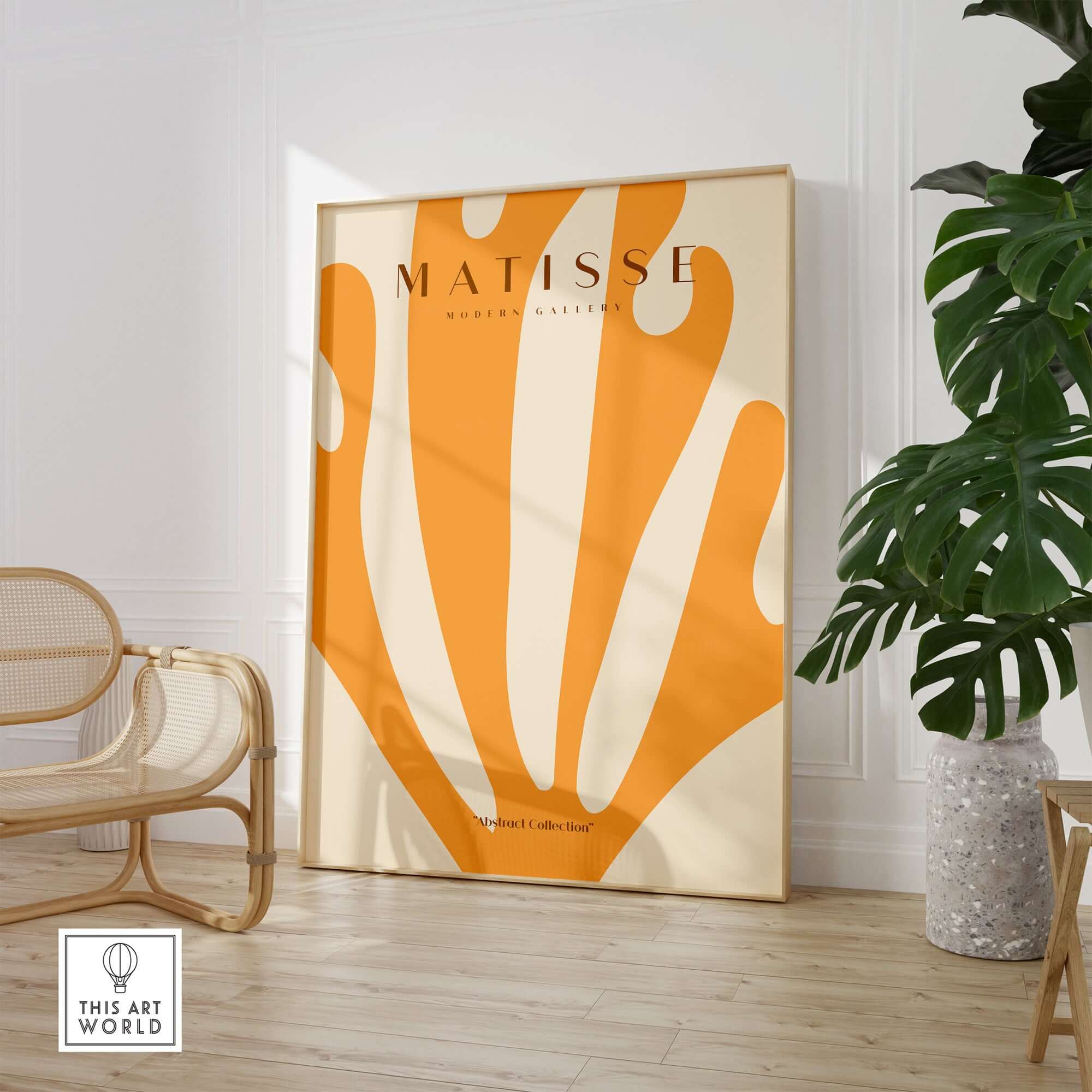 Matisse Art Prints -  Orange Fan Coral Abstract Shape Poster displayed in a stylish interior with natural elements.