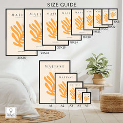 Matisse Art Prints - Orange Leaf Bird Silhouette Poster size guide with dimensions and design samples.