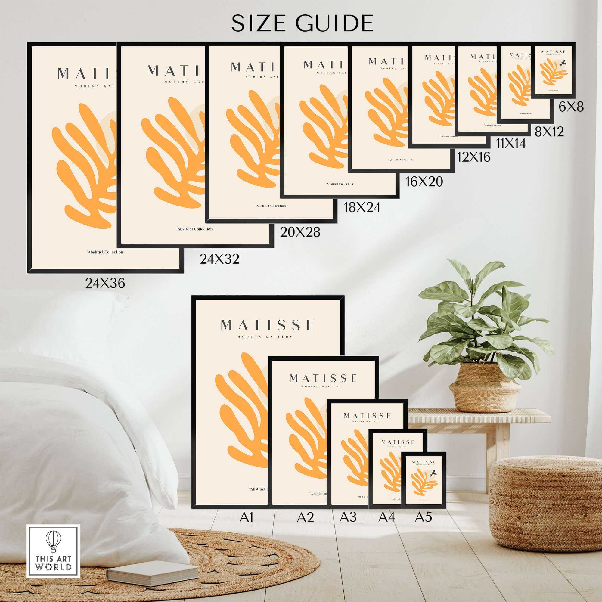 Matisse Art Prints - Orange Leaf Bird Silhouette Poster size guide with dimensions and design samples.