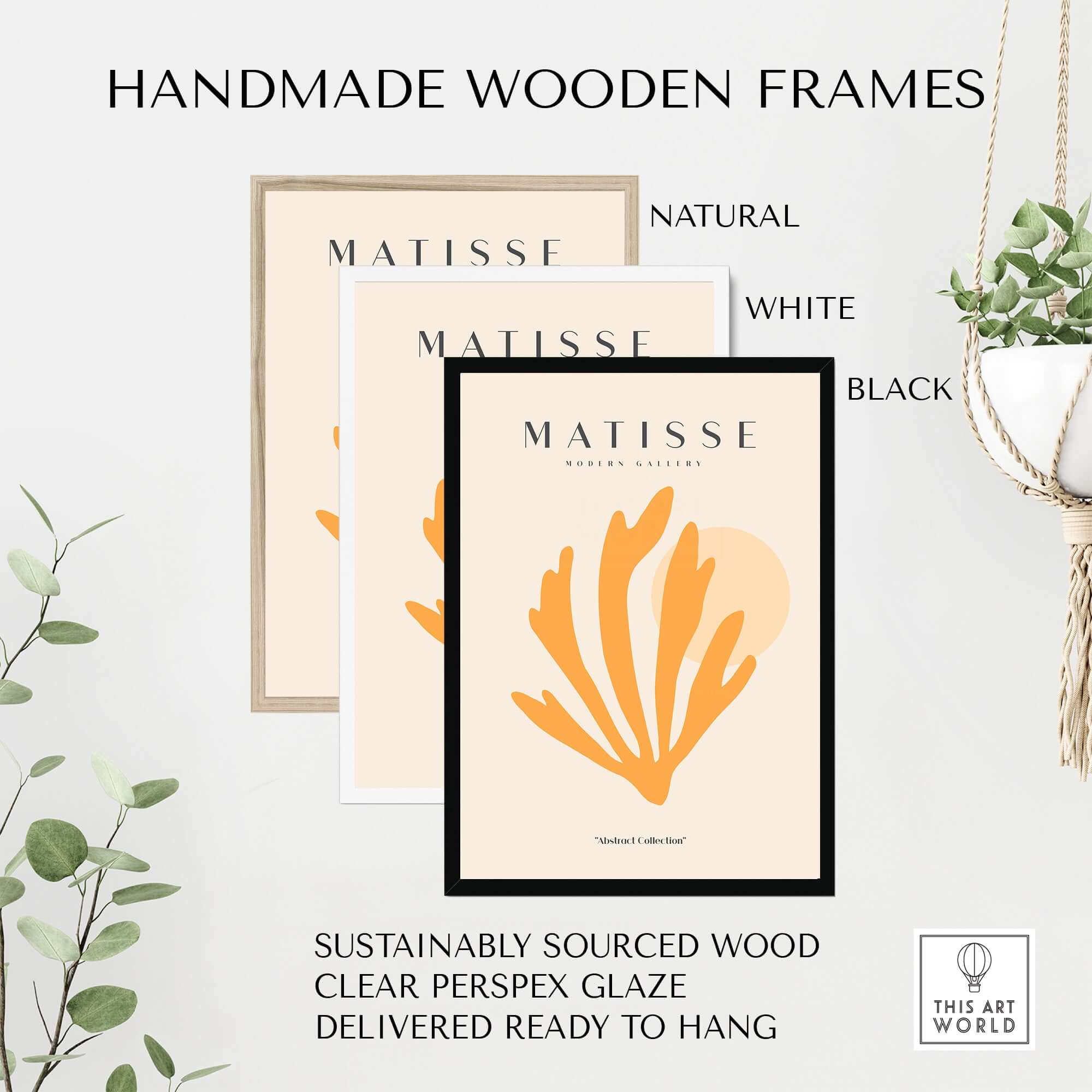 Matisse Art Prints - Orange Seaweed Abstract Art Print in handmade wooden frames, available in natural, white, and black.